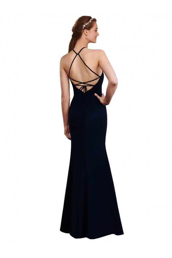 Bleu marine foncé Sirène Licou Mousseline Longue Robes demoiselle d'honneur à Bas Prix