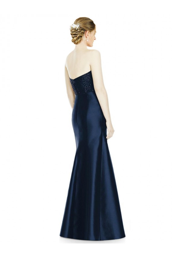 Bleu marine foncé Sirène Sans bretelle Satiné Longue Robes demoiselle d'honneur à Bas Prix