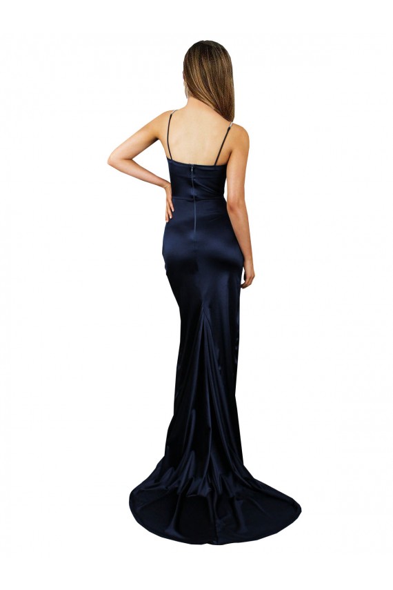 Bleu marine foncé Sirène Satiné Stretch Longue Formelles Robes demoiselle d'honneur / Robes de soirée / Robes de bal à Bas Prix