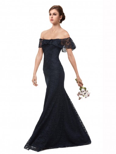 Bleu marine foncé Sirène Épaule Dénudée Dentelle Longue Robes demoiselle d'honneur / Robes de bal à Bas Prix