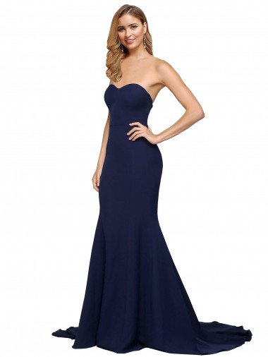 Bleu marine foncé Trapèze Balayage train Crêpe Stretch Longue Formelles Robes demoiselle d'honneur / Robes de soirée / Robes de bal à Bas Prix