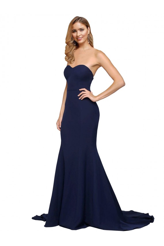 Bleu marine foncé Trapèze Balayage train Crêpe Stretch Longue Formelles Robes demoiselle d'honneur / Robes de soirée / Robes de bal à Bas Prix