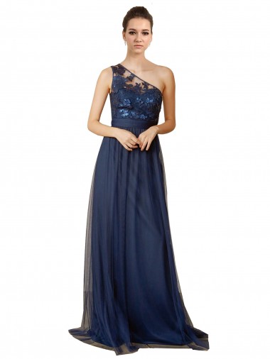 Bleu marine foncé Trapèze Balayage train Tulle Longue Robes demoiselle d'honneur à Bas Prix