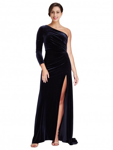 Bleu marine foncé Trapèze Balayage train Velours Stretch Longue Formelles Robes demoiselle d'honneur / Robes de soirée / Robes de bal à Bas Prix
