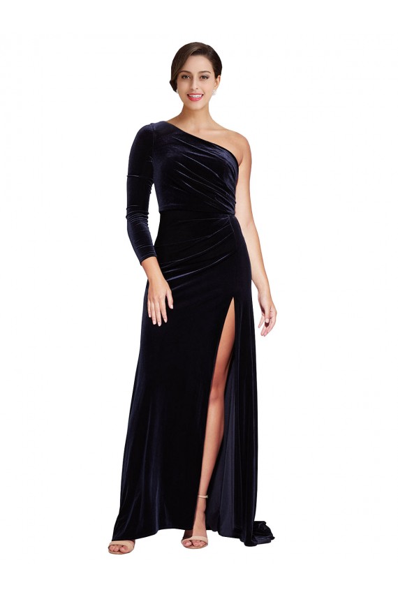 Bleu marine foncé Trapèze Balayage train Velours Stretch Longue Formelles Robes demoiselle d'honneur / Robes de soirée / Robes de bal à Bas Prix