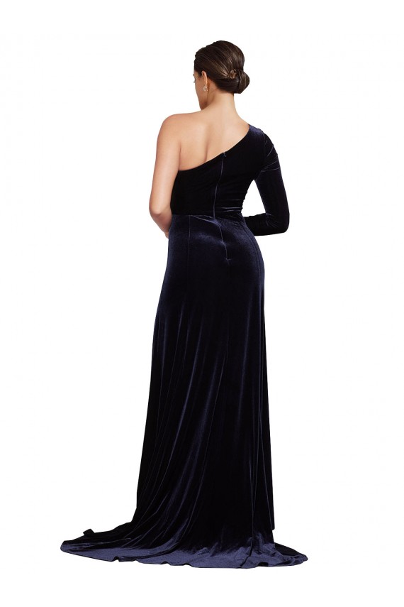 Bleu marine foncé Trapèze Balayage train Velours Stretch Longue Formelles Robes demoiselle d'honneur / Robes de soirée / Robes de bal à Bas Prix