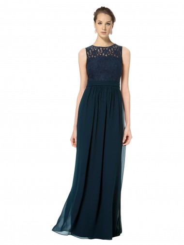 Bleu marine foncé Trapèze Bateau Illusion Mousseline Dentelle Longue Robes demoiselle d'honneur à Bas Prix