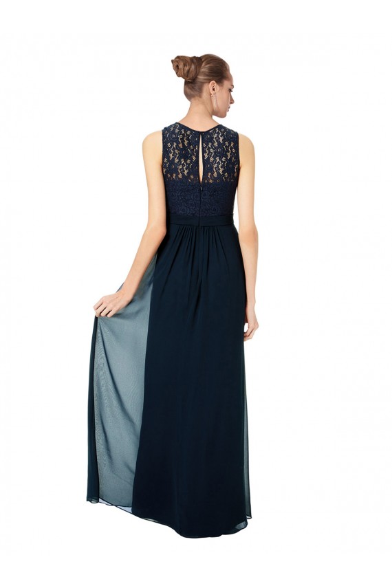 Bleu marine foncé Trapèze Bateau Illusion Mousseline Dentelle Longue Robes demoiselle d'honneur à Bas Prix
