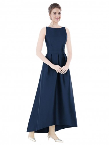 Bleu marine foncé Trapèze Bateau Satiné Longue Asymétrique Robes demoiselle d'honneur à Bas Prix