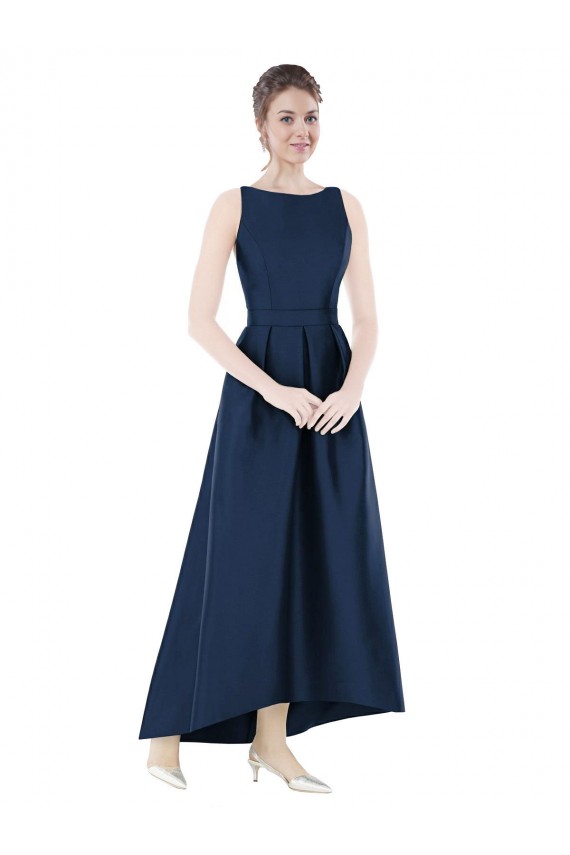 Bleu marine foncé Trapèze Bateau Satiné Longue Asymétrique Robes demoiselle d'honneur à Bas Prix