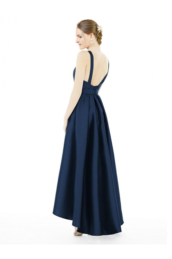 Bleu marine foncé Trapèze Bateau Satiné Longue Asymétrique Robes demoiselle d'honneur à Bas Prix