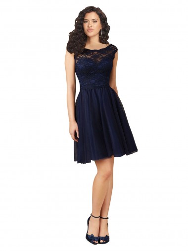 Bleu marine foncé Trapèze Bateau Tulle Dentelle Courte Robes demoiselle d'honneur / Robes de cocktail à Bas Prix