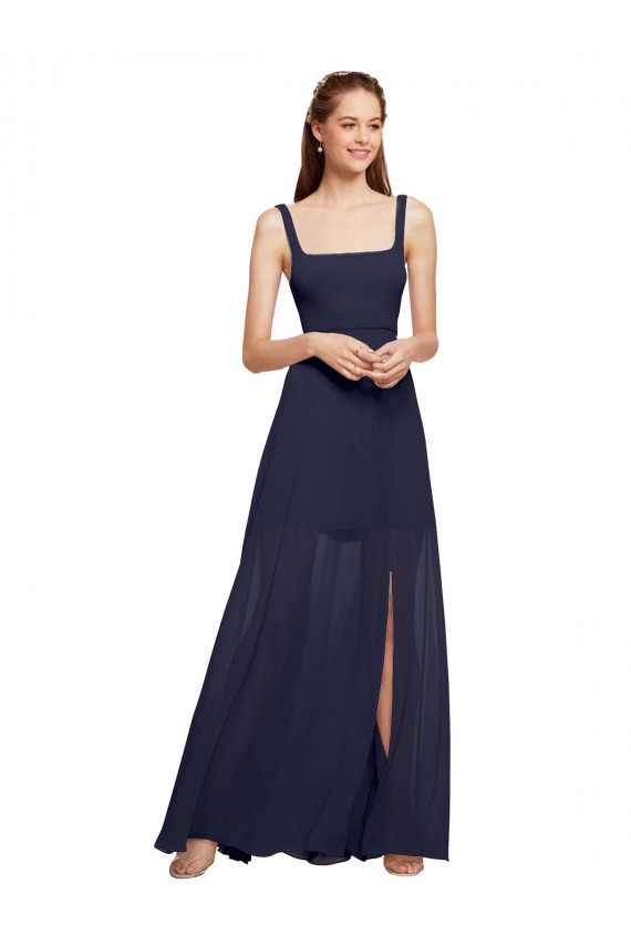 Bleu marine foncé Trapèze Bretelles spaghetti Col Carré Mousseline Longue Robes demoiselle d'honneur à Bas Prix