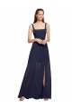 Bleu marine foncé Trapèze Bretelles spaghetti Col Carré Mousseline Longue Robes demoiselle d'honneur à Bas Prix