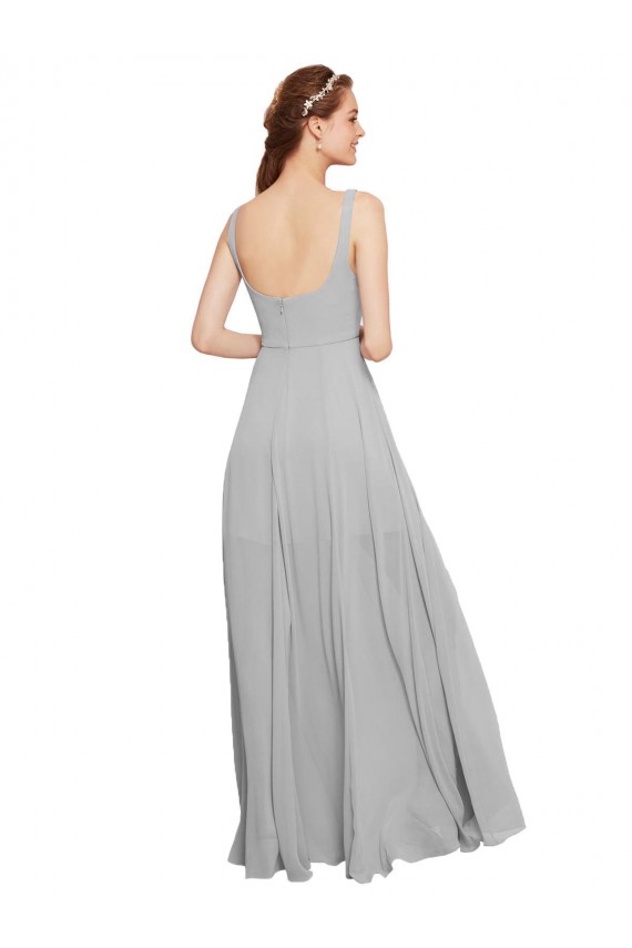 Bleu marine foncé Trapèze Bretelles spaghetti Col Carré Mousseline Longue Robes demoiselle d'honneur à Bas Prix