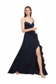 Bleu marine foncé Trapèze Bretelles spaghetti Col V Mousseline Longue Robes demoiselle d'honneur à Bas Prix