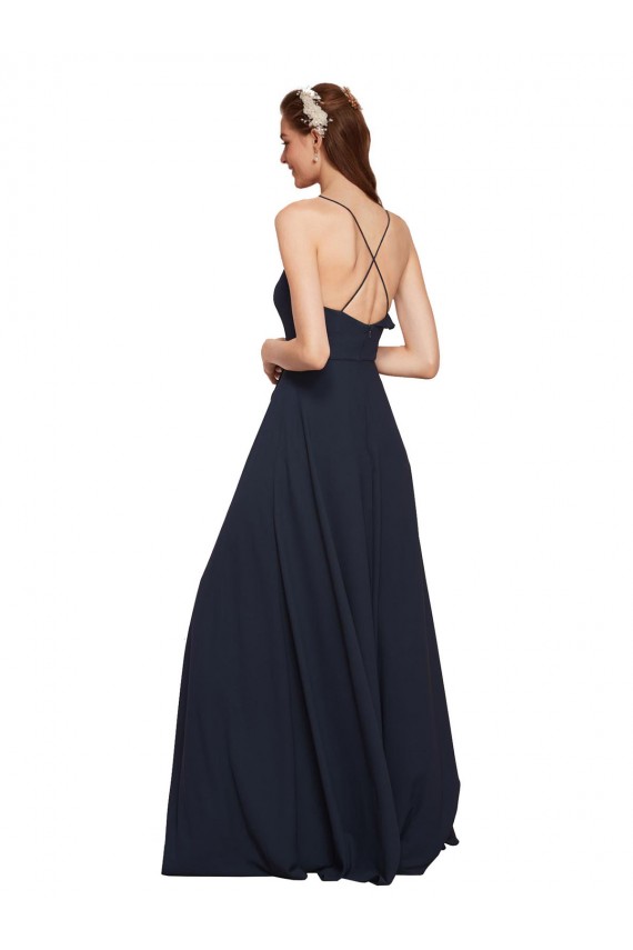 Bleu marine foncé Trapèze Bretelles spaghetti Col V Mousseline Longue Robes demoiselle d'honneur à Bas Prix