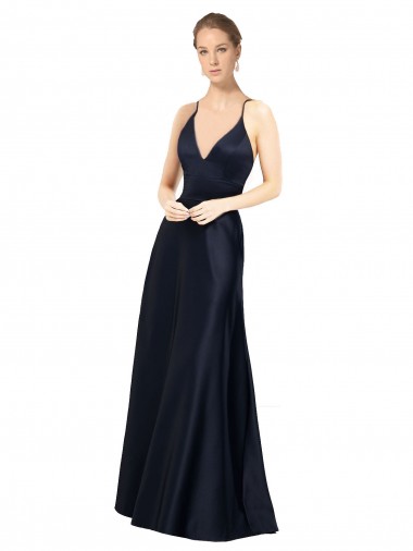 Bleu marine foncé Trapèze Bretelles spaghetti Col V Satiné Longue Robes demoiselle d'honneur / Robes de bal à Bas Prix