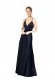 Bleu marine foncé Trapèze Bretelles spaghetti Col V Satiné Longue Robes demoiselle d'honneur / Robes de bal à Bas Prix