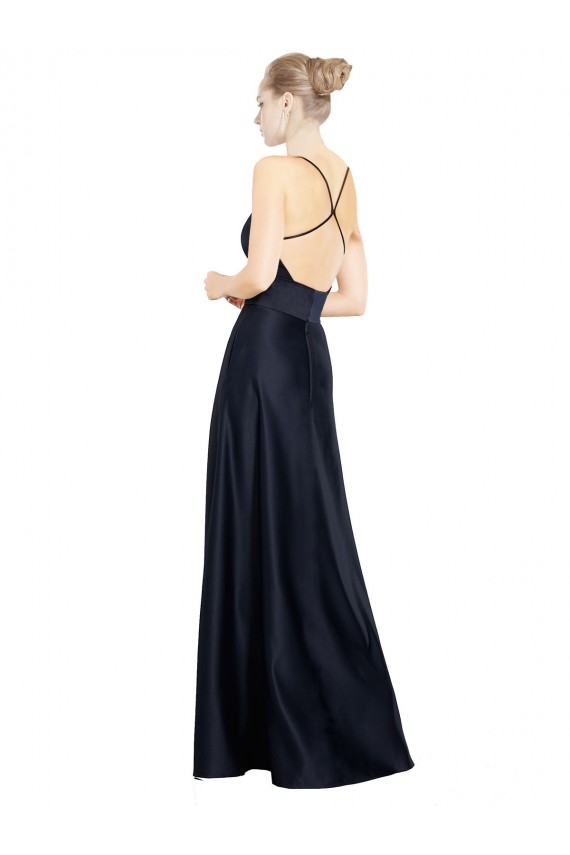 Bleu marine foncé Trapèze Bretelles spaghetti Col V Satiné Longue Robes demoiselle d'honneur / Robes de bal à Bas Prix