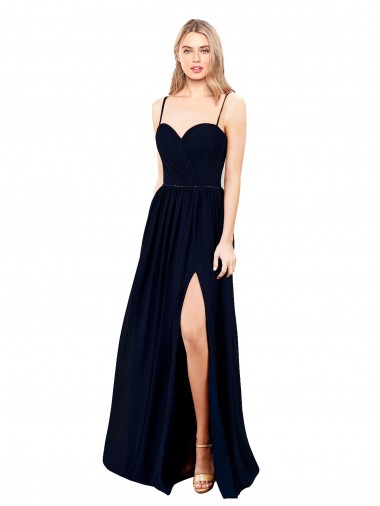 Bleu marine foncé Trapèze Bretelles spaghetti Mousseline Longue Formelles Robes demoiselle d'honneur / Robes de soirée à Bas Prix