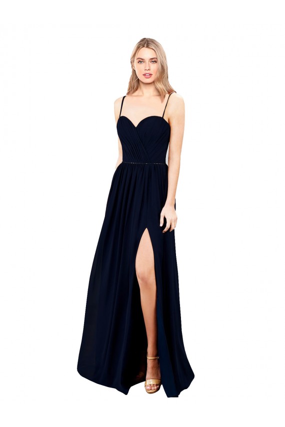 Bleu marine foncé Trapèze Bretelles spaghetti Mousseline Longue Formelles Robes demoiselle d'honneur / Robes de soirée à Bas Prix