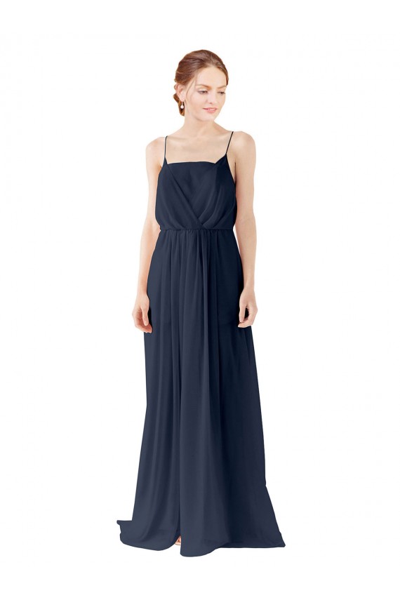 Bleu marine foncé Trapèze Bretelles spaghetti Mousseline Longue Robes demoiselle d'honneur à Bas Prix