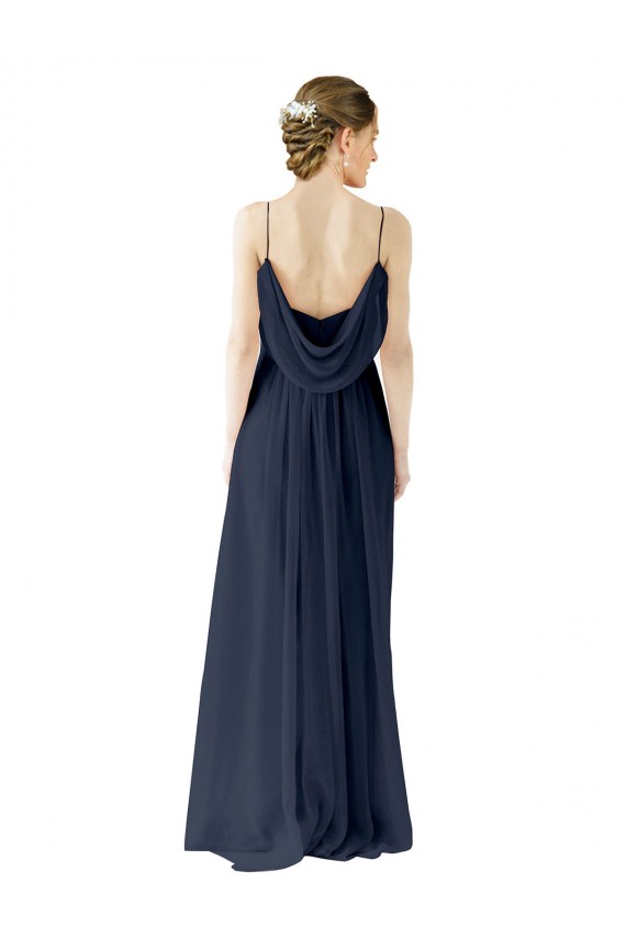 Bleu marine foncé Trapèze Bretelles spaghetti Mousseline Longue Robes demoiselle d'honneur à Bas Prix