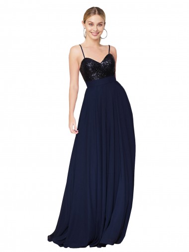 Bleu marine foncé Trapèze Bretelles spaghetti Mousseline Paillette Longue Robes demoiselle d'honneur / Robes de bal à Bas Prix