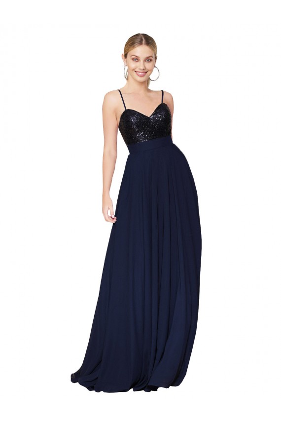 Bleu marine foncé Trapèze Bretelles spaghetti Mousseline Paillette Longue Robes demoiselle d'honneur / Robes de bal à Bas Prix