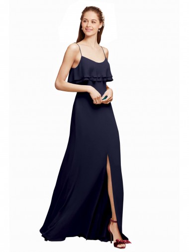 Bleu marine foncé Trapèze Bretelles spaghetti Scoop Mousseline Longue Robes demoiselle d'honneur à Bas Prix