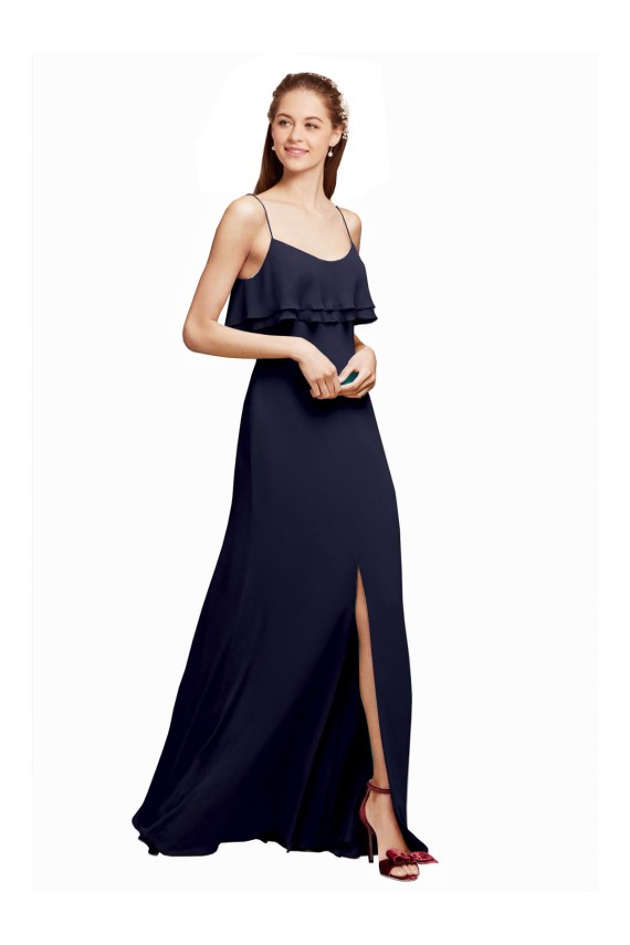 Bleu marine foncé Trapèze Bretelles spaghetti Scoop Mousseline Longue Robes demoiselle d'honneur à Bas Prix