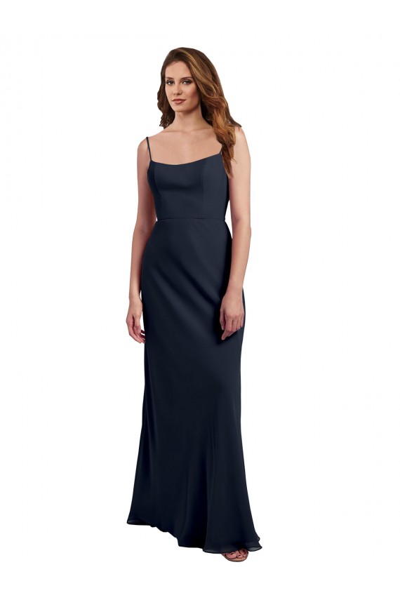 Bleu marine foncé Trapèze Bretelles spaghetti Scoop Mousseline Longue Robes demoiselle d'honneur à Bas Prix