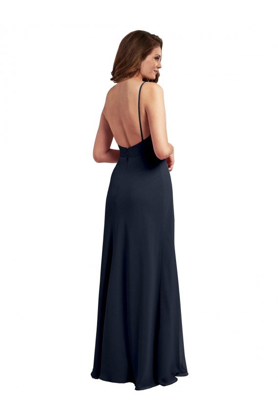 Bleu marine foncé Trapèze Bretelles spaghetti Scoop Mousseline Longue Robes demoiselle d'honneur à Bas Prix
