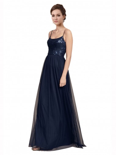 Bleu marine foncé Trapèze Bretelles spaghetti Tulle Dentelle Longue Robes demoiselle d'honneur à Bas Prix