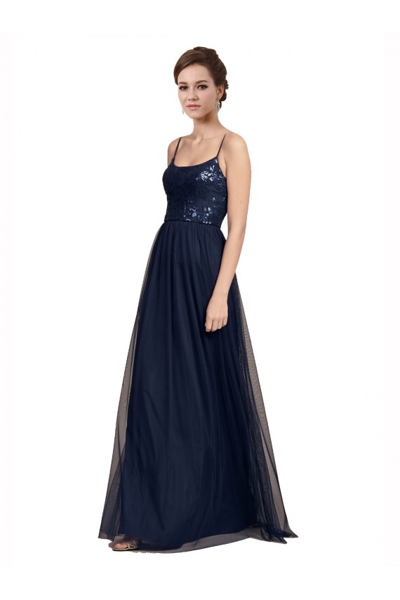 Bleu marine foncé Trapèze Bretelles spaghetti Tulle Dentelle Longue Robes demoiselle d'honneur à Bas Prix