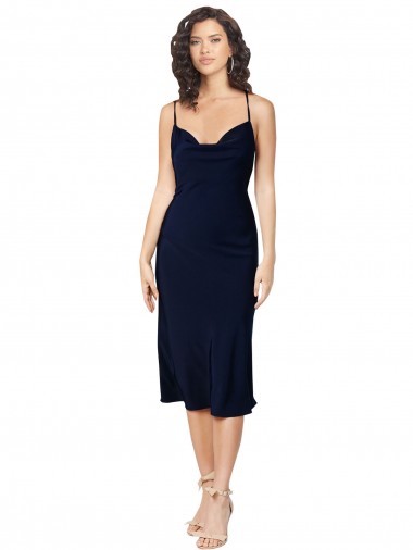 Bleu marine foncé Trapèze Bretelles spaghetti midi Satiné Soyeux Courte Robes demoiselle d'honneur / Robes de soirée / Robes de cocktail à Bas Prix