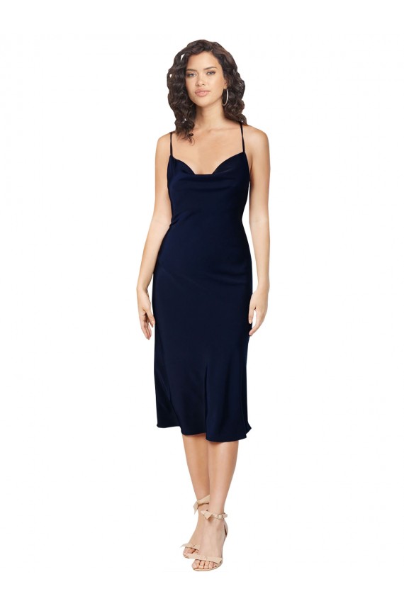 Bleu marine foncé Trapèze Bretelles spaghetti midi Satiné Soyeux Courte Robes demoiselle d'honneur / Robes de soirée / Robes de cocktail à Bas Prix