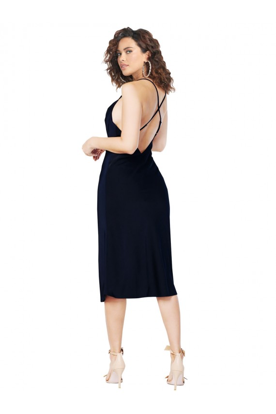 Bleu marine foncé Trapèze Bretelles spaghetti midi Satiné Soyeux Courte Robes demoiselle d'honneur / Robes de soirée / Robes de cocktail à Bas Prix