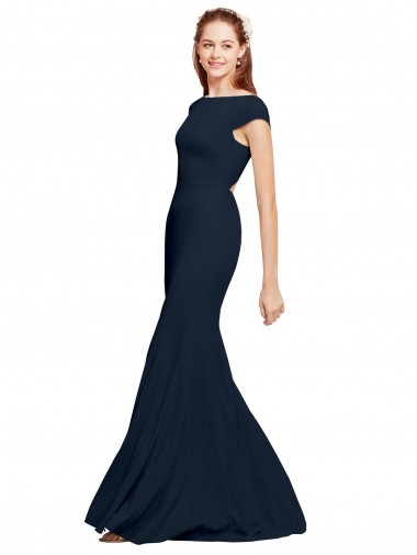 Bleu marine foncé Trapèze Col Bateau Crêpe Stretch Longue Formelles Robes demoiselle d'honneur / Robes de soirée / Robes de bal à Bas Prix
