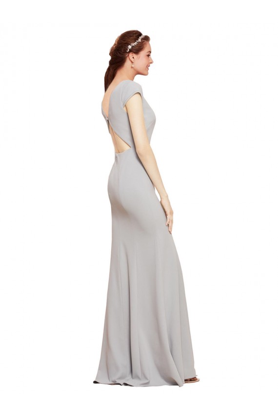 Bleu marine foncé Trapèze Col Bateau Crêpe Stretch Longue Formelles Robes demoiselle d'honneur / Robes de soirée / Robes de bal à Bas Prix