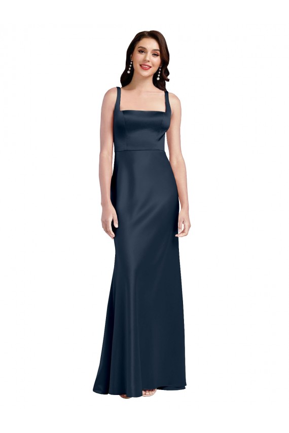 Bleu marine foncé Trapèze Col Carré Satiné Stretch Longue Formelles Robes demoiselle d'honneur / Robes de soirée / Robes de bal à Bas Prix