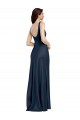 Bleu marine foncé Trapèze Col Carré Satiné Stretch Longue Formelles Robes demoiselle d'honneur / Robes de soirée / Robes de bal à Bas Prix