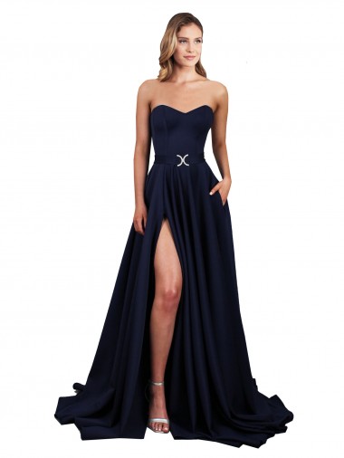 Bleu marine foncé Trapèze Col Haut Crêpe Stretch Longue Formelles Robes demoiselle d'honneur / Robes de soirée / Robes de bal à Bas Prix