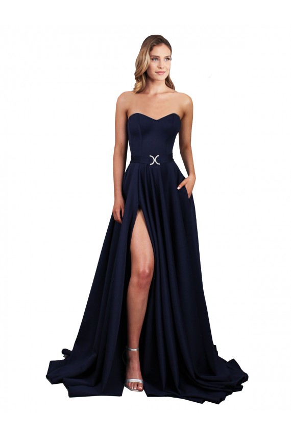Bleu marine foncé Trapèze Col Haut Crêpe Stretch Longue Formelles Robes demoiselle d'honneur / Robes de soirée / Robes de bal à Bas Prix