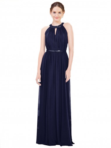 Bleu marine foncé Trapèze Col Haut Mousseline Longue Robes demoiselle d'honneur à Bas Prix