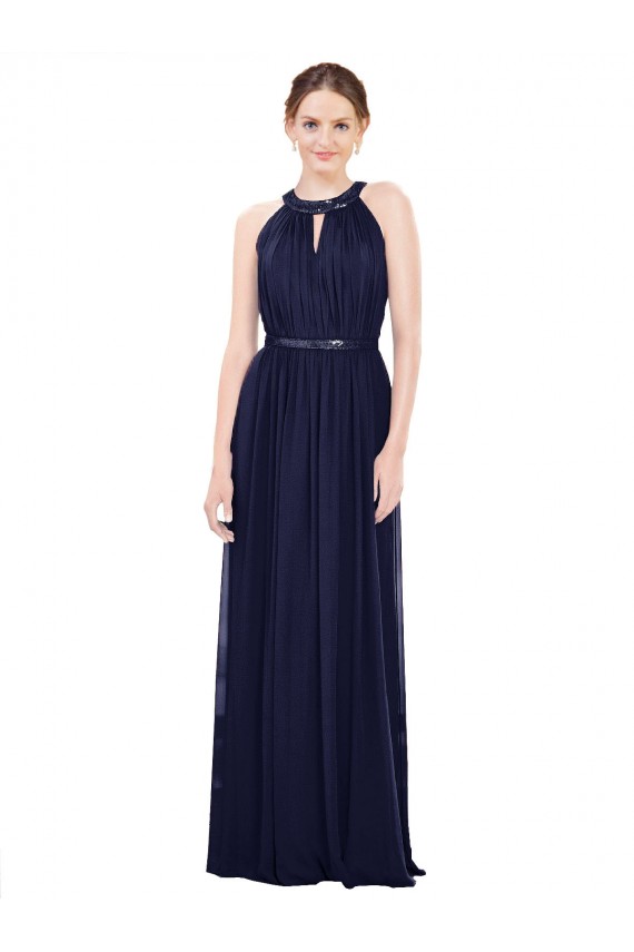 Bleu marine foncé Trapèze Col Haut Mousseline Longue Robes demoiselle d'honneur à Bas Prix