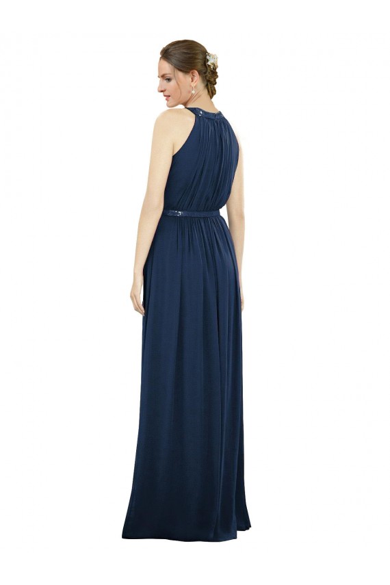 Bleu marine foncé Trapèze Col Haut Mousseline Longue Robes demoiselle d'honneur à Bas Prix