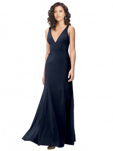 Bleu marine foncé Trapèze Col V Crêpe Stretch Longue Formelles Robes demoiselle d'honneur / Robes de soirée / Robes de bal à Bas Prix