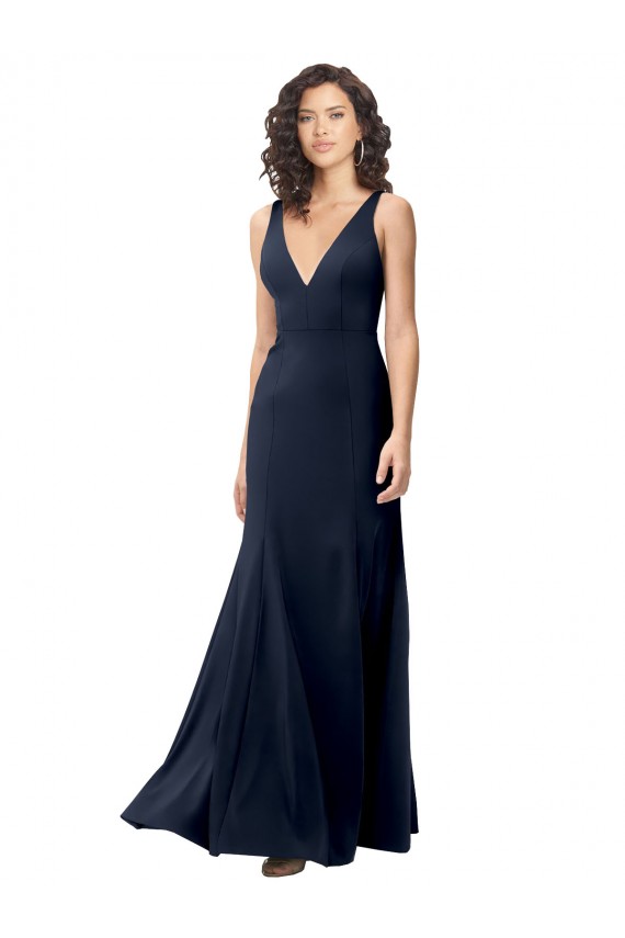 Bleu marine foncé Trapèze Col V Crêpe Stretch Longue Formelles Robes demoiselle d'honneur / Robes de soirée / Robes de bal à Bas Prix